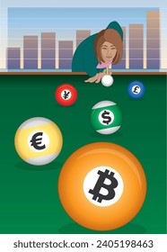 businesswoman aims to shoot billiard balls with different currency symbols on billiard table with bar graph in the background svg