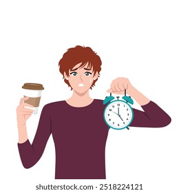 Empresária com despertador e xícara de café oferece para fazer uma pausa do trabalho. Ilustração de caractere de vetor plano