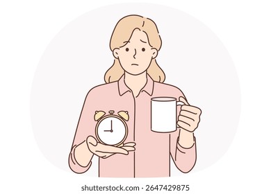 Businesswoman with alarm clock and cup of coffee offers to take break from work and cheer up to improve productivity. Tired woman manager invites you to drink coffee or hot tea and relax