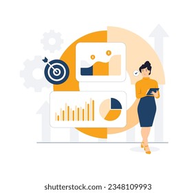 Businesswoman analyst working on laptop analyzing chart growth, dashboard and business finance report, Site stats, Big data, Statistics, monitoring on investments concept illustration