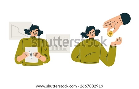 A businesswoman analyzes data while receiving payment or financial compensation