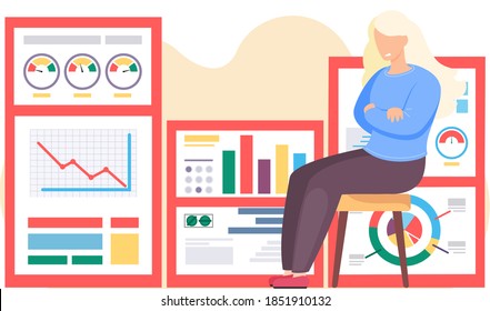 Businesswoman analyzes graphs and charts on the background. The marketer studies information about the metrics. The girl sits with poster. Statistical analyzes of financial work in the office