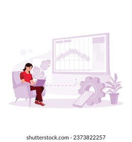 A businesswoman analyzes stock market graph indices via laptop at home. Financial Trading And Investing concept. Trend Modern vector flat illustration