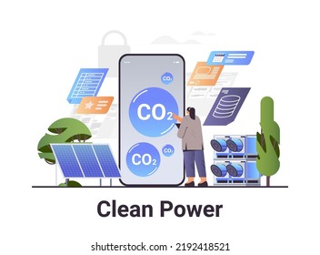 businesswoman analyzing clean power on smartphone carbon credit concept responsibility of co2 emission environment strategy