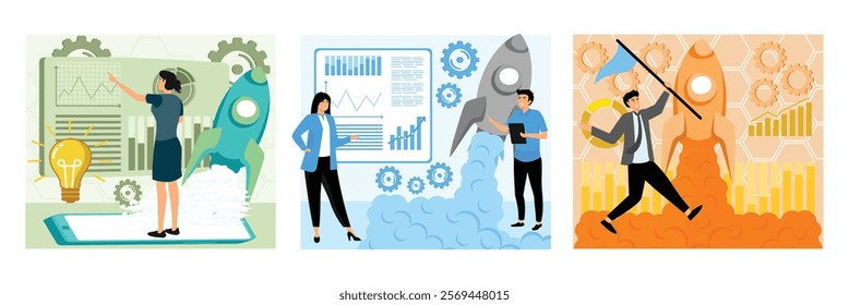 Businesswoman Analyzing Data. Growth Strategy With Rocket Launch. Determined Businessman. Set flat vector modern illustration 