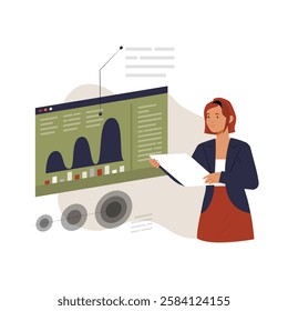 Businesswoman Analyzing Data On A Digital Screen In Flat Vector Illustration Symbolizing Market Research, Performance Analysis, And Financial Forecasting, Isolated On White Background