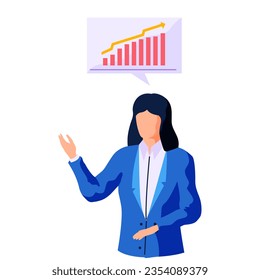 Businesswoman analyzing data on growing graph and holding up her hand. Data science concept. Business charts and diagrams. Business performance analysis, benchmark metrics audit, financial statistics