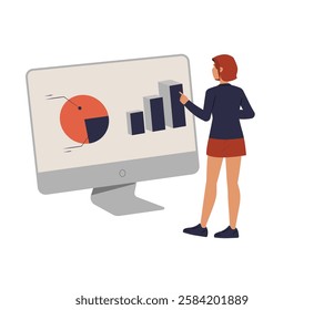 Businesswoman Analyzing Data On Large Monitor In Flat Vector Illustration Symbolizing Business Growth, Data Analytics, And Performance Evaluation, Isolated On White Background.