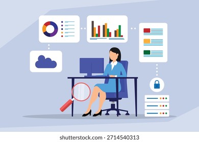 Businesswoman Analyzing Data and Securing Information: Data-Driven Strategy and Reporting 2d flat vector illustration