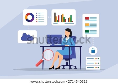 Businesswoman Analyzing Data and Securing Information: Data-Driven Strategy and Reporting 2d flat vector illustration