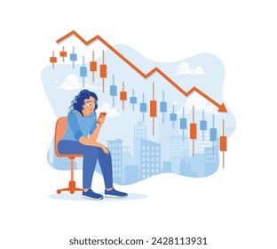 A businesswoman is analyzing a declining stock market graph. A woman sitting on a chair with a sad face. Stock Trading concept. Flat vector illustration.