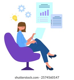 businesswoman analyzing documents with charts, checklist, and ideas represented by lightbulb icon flat vector illustration