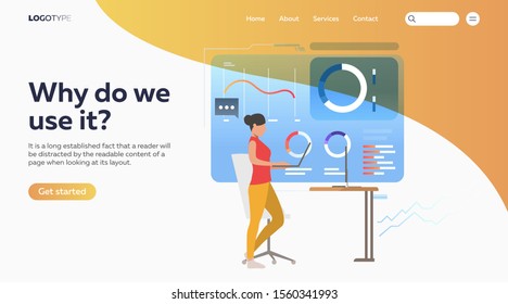 Businesswoman analyzing financial data diagrams. Consulting, analytics, analysis flat vector illustration. Business concept for banner, website design or landing web page