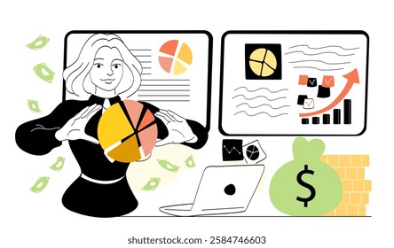 Businesswoman analyzing financial data with pie charts, graphs, and money symbols on a white background. Concept of financial growth