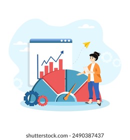 Businesswoman analyzing growing chart on speedometer with increasing arrow