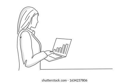 Businesswoman analyzing statistics on laptop screen. Line drawing vector illustration.