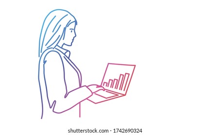 Businesswoman analyzing statistics on laptop screen. Rainbow colors in linear vector illustration.