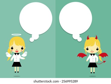 businesswoman in angel and devil form that thinking of white and black color on two tone color background. 