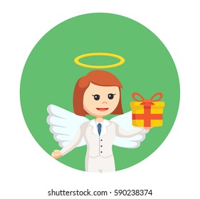 businesswoman angel with gift box in circle background