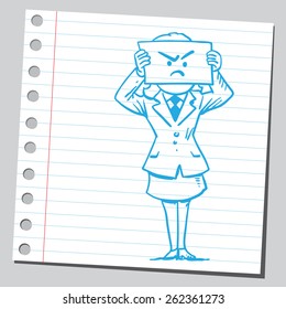 Businesswoman with angry face on paper