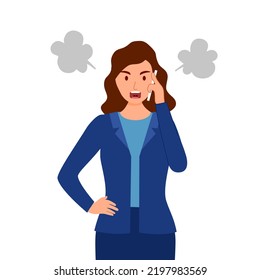 Businesswoman angry on phone in flat design on white background.