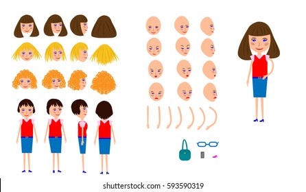 Businesswoman for animation, constructor.Woman's hair,hand,legs.Vector elements for animation