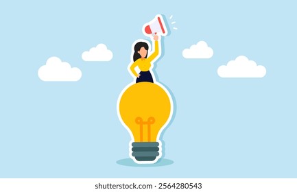 A businesswoman announcing something from atop a lamp by raise a megaphone, illustration of education in researching ideas and business innovations relevant to market trends