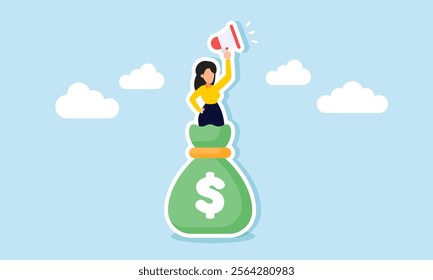 A businesswoman announcing something from atop a money bag by raising a megaphone, illustration of education in proper business financial management strategies