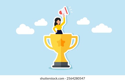 A businesswoman announcing something from atop a trophy by raising a megaphone, illustration of showing off as a leading company with achievements and success