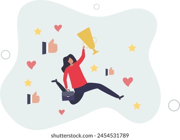 businesswoman with appreciation thumbs up applause, stars and trophy.flat vector illustration.