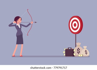 Businesswoman arching in profit target. Young woman with bow and arrow shoots to money aim, intended to achieve great result, financial benefit. Vector business concept flat style cartoon illustration