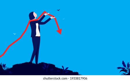 Businesswoman with arrow pointing down - Woman standing outdoors holding a falling graph arrow in hands. Financial loss and failing business concept. Vector illustration.