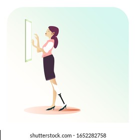 Businesswoman with artificial leg, prosthetic lower limb, who uses a touchscreen. Inclusion business lifestyle, invalid person in active life. Flat vector illustration on disability, with copy space