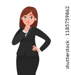 Businesswoman asking silence please. Keep quiet! Quiet please! Woman in formal black suit closed  her mouth with index finger. Shut up!  Businesswoman concept illustration in vector cartoon style.
