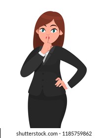 Businesswoman asking silence please. Keep quiet! Quiet please! Woman in formal black suit closed  her mouth with index finger. Shut up!  Businesswoman concept illustration in vector cartoon style.