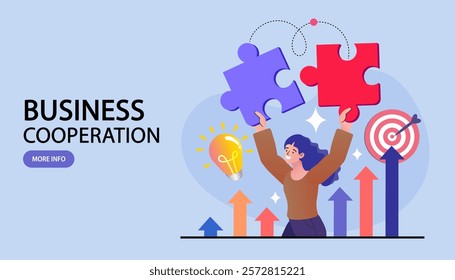 Businesswoman assembling jigsaw puzzle and represent team support. Concept of teamwork, business cooperation, collective project work. Modern flat colorful vector illustration.