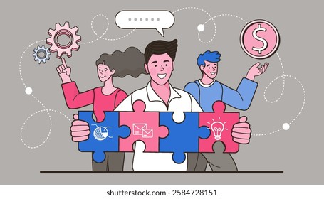 Businesswoman assembling jigsaw puzzle and represent team support. Concept of teamwork, business cooperation, collective project work. Modern flat colorful vector illustration.