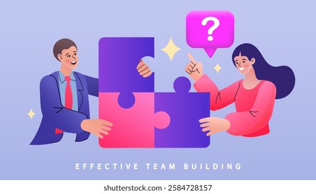 Businesswoman assembling jigsaw puzzle and represent team support. Concept of teamwork, business cooperation, collective project work. Modern flat colorful vector illustration.