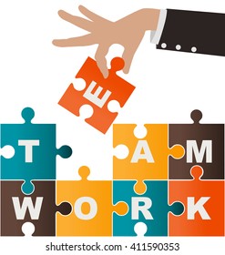 Businesswoman assembling puzzle with teamwork, solution and success concept