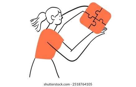 Businesswoman assembling together jigsaw puzzle pieces. Concept of brainstorming, project planning and and business process. Work organisation management banner, web landing page. Business solution.