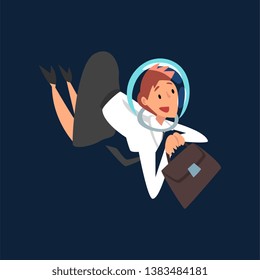 Businesswoman in Astronaut Helmet Flying in Outer Space, Business Development Strategy, Leadership Vector Illustration