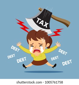 Businesswoman attack by debt tax in the head, illustration vector cartoon