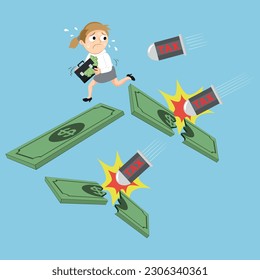 Businesswoman attacked by big bullet tax, illustration vector cartoon