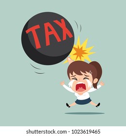 Businesswoman attacked by taxes ball, illustration vector cartoon