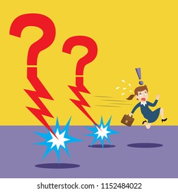 Businesswoman attacked by thunder question mark, illustration vector cartoon