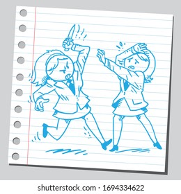 Businesswoman attacking another businesswoman with knife.