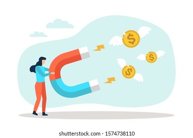 Businesswoman attract money dollar coins with a large magnet. Vector illustration in flat design style