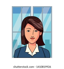 businesswoman avatar cartoon character portrait with a window behind with a cityscape silhouette vector illustration graphic design