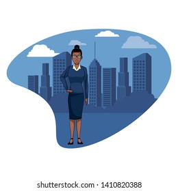 businesswoman avatar cartoon character wearing sueter and skirt in a cityscape vector illustration graphic design