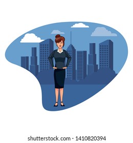 businesswoman avatar cartoon character wearing sueter and skirt in a cityscape vector illustration graphic design